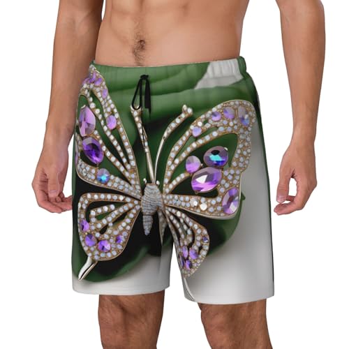 Rhinestone Butterfly Built-in Compression Lining Men's Double Swim Trunks Shorts Beach Shorts with Two Pockets2