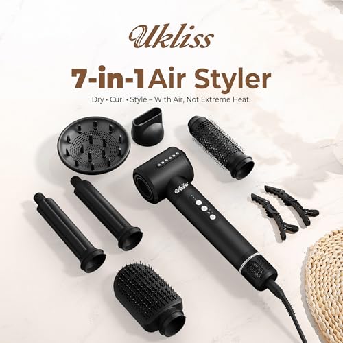 UKLISS Airstyler 7 w 1 Pro, suszarka do włosów, automatyczna lokówka, szczotka do suszarki, dyfuzor, prostownica do włosów, okrągła szczotka, szczotka z ciepłym powietrzem, zestaw urządzeń do