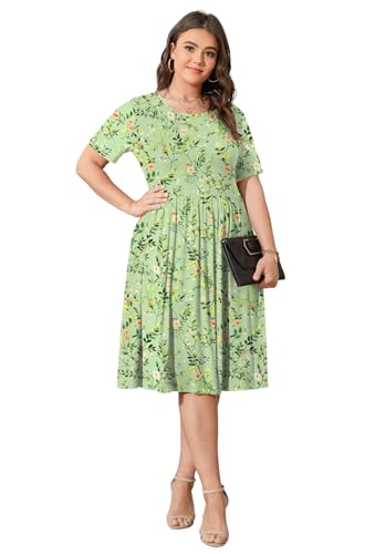 Image of POSESHE Womens Plus Size Summer Dress 2026 Casual Short Sleeve Empire Waist Loose Fit Swing T-Shirt Dress with Pockets