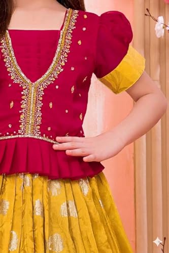Image of White Button Girls' Ethnic Peplum Top and Jacquard Langa Voni type Lehenga Choli Set- Traditional Outfit