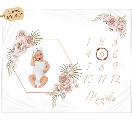 Image of Monthly Baby Milestone Blanket 60 inchx50 inch - Elegant Boho Floral Design with Felt Frame - Track Your Baby's Monthly Growth - Perfect Gender Neutral Gift for New Parents - Personalized Baby Blanket