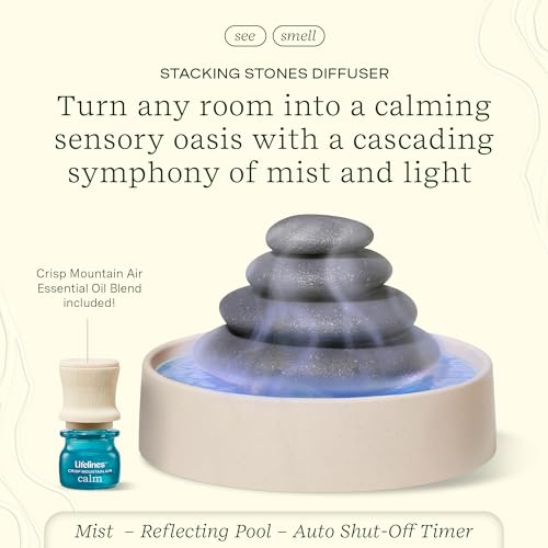 Lifelines Stacking Stones Aromatherapy Diffuser - Calming Sensory Oasis with Mesmerizing Aromatic Mist & Auto-Shut Off Features - Includes Essential Oil Blend with Mess-Free Precision Pump