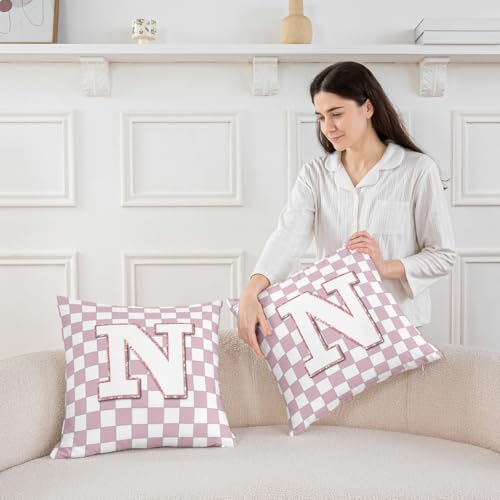 Image of Erosebridal Pink Initial N Throw Pillow Covers 18x18 Set of 2 Kawaii Plaid Checkered Cushion Cover Cute Personalized Monogram Throw Pillow Case for Bed Couch Sofa Fashion Grids Gingham Home Decor
