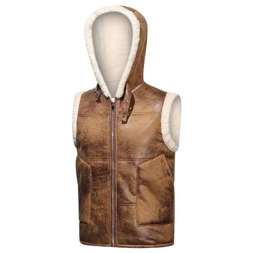 Mens Faux Lambskin Aviator Vest Hoodie Winter Shearling Sheepskin Waistcoat Bomber Aviator Pilot Hood Vests3