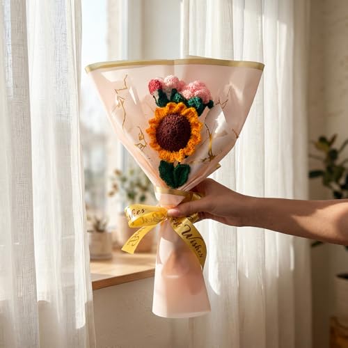Image of HindCraft Handmade Crochet Flower Bouquet | Sunflower & Pink Rose Knitted Bouquet | Artificial Forever Flowers Gift for Birthday Anniversary Valentine Room Decor