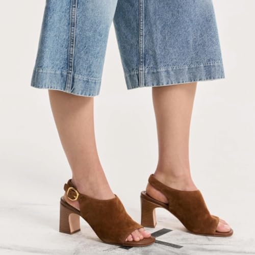 SHODENSE Women Open Toe Sandal Booties Chunky Heeled Sandals Slingback Suede 3 inch Block High Heel Summer Booties Buckle Strap Sandal Heels Peep Toe Retro Party 4-11 M US3