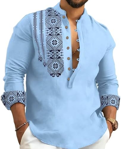 Kubsid Mens Henley Shirts Casual T Shirt Long Sleeve Banded Collar Button Down Vintage Beach Tops Blue L