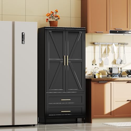 Image of SUPEER Metal Wardrobe Closet with Drawers and Hanging Rod, 71 inch H Armoire Storage Cabinet for Bedroom, 2 Drawers, Adjustable Shelf, 4 Leveling Feet, Required Assembly, Black