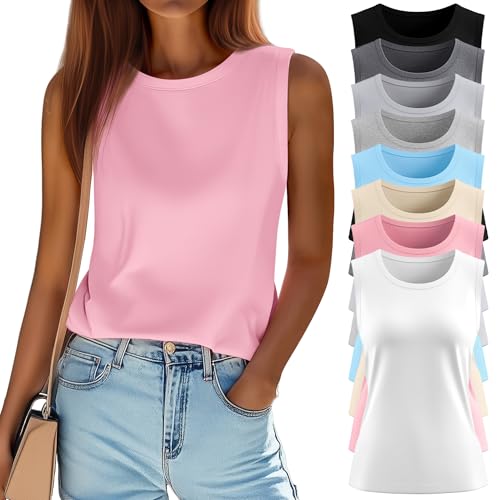 Ficerd 8 Pack Women’s Sleeveless Tops, Crew Neck Loose Fit