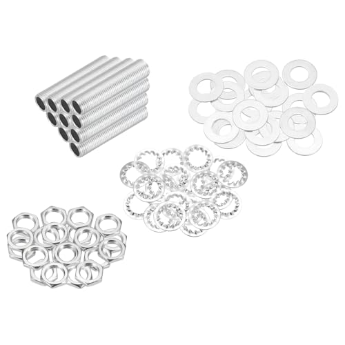 MECCANIXITY 70Pcs 1.6" Lamp Pipe Nipples Kit with Hex Nuts Washers, M10 Fine Threaded Hollow Tube Repair Hardware Fasteners Assortment for Assembly Chandelier Ceiling Lamp DIY, Silver