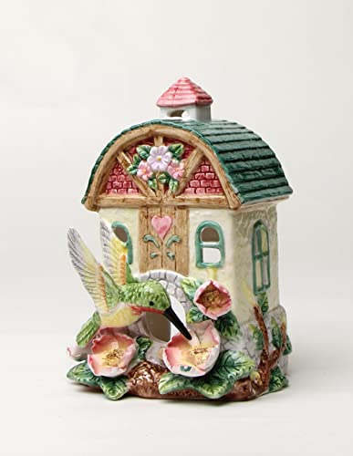 Fine Ceramic Hummingbird with Pink Wild Rose Birdhouse Tea Light Candle Holder Figurine, 6-1/8