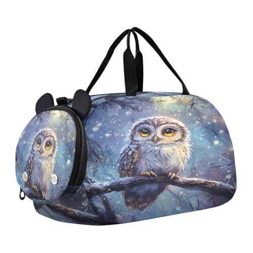 Snowy Owl Branch Blue Kids Travel Duffel Bag for Boys Girls Overnight Weekend Tote Bag with Shoes Compartment for Trip Beach Gym