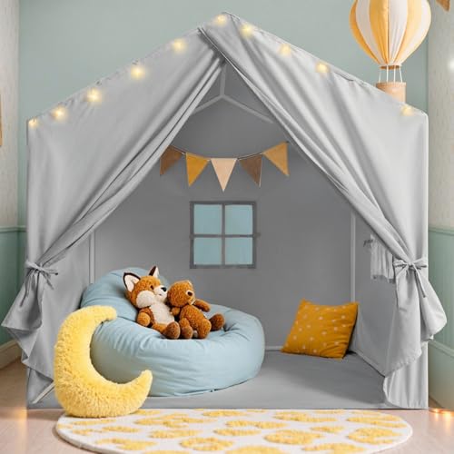 Kids Tent, Play Tent with Star Lights, Large Play Tents with 2 Windows, Kids Playhouse Indoor & Outdoor, Reading Nook, Christmas Toddler Tents for Girls & Boys, 52' x35' x 51', Gray