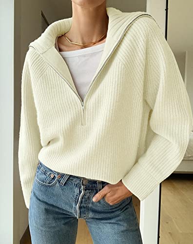 Btfbm Women’s Casual Long Sleeve Half Zip Pullover Sweaters Solid V Neck Collar Ribbed Knitted Loose Slouchy Jumper Tops(Solid White, Small) #TOP2