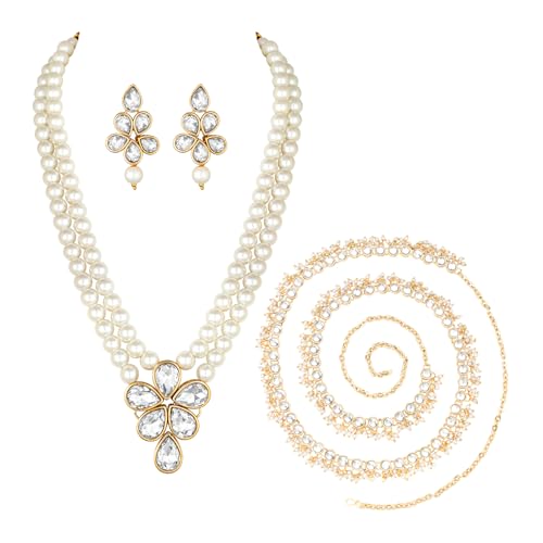 Image of Peora Crystal Faux Pearl Kundan Necklace & Jewellery Set Gift for Women