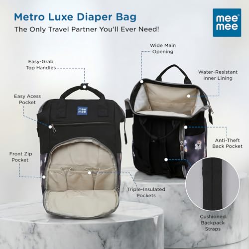 Image of Mee Mee Metro Luxe Mom Diaper Bag Backpack | Large Capacity Baby Bag with Multiple Pockets | Bottle Warmer Pocket | Changing Mat | Travel-Friendly & Stroller Straps | Waterproof & Stylish