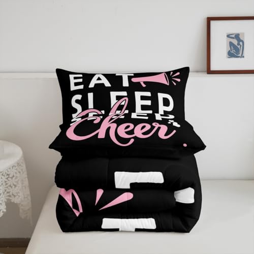 Image of Feelyou Pink Eat Sleep Cheer Comforter Set Toddler Size for Girls Boys Cheerleader Comforter Gymnastics Dancing Lovers Bedding Set Girls Cheerleading Sports Duvet Set Quilt Set