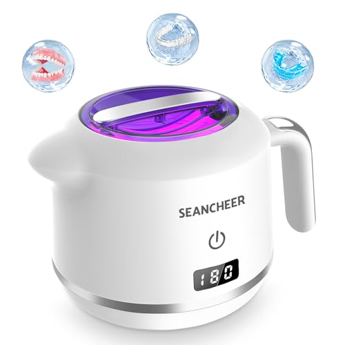 SEANCHEER Pulitore Ultrasuoni 48000Hz Pulitore Gioielli Ultrasuoni | 24W | 180ML | Lampada UV Lavatrice Ultrasuoni per | Protesi Dentali | Retainer | Apparecchio Denti | Anelli | Collane | (Bianco)