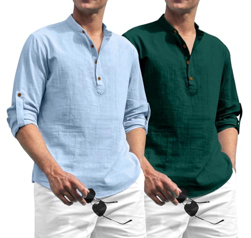 Image of Zombom Combo of Men's Solid Cotton Polyester Blend Full Sleeve Straight Kurta Shirt (Pack of 2)