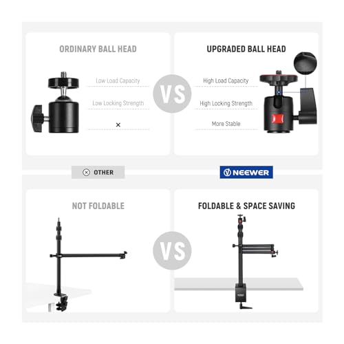 Image of NEEWER Upgraded Overhead Camera Rig with Trifold Camera Boom Arm (Max Load 2lb), 47 inch /1.2m Telescopic Desk Mount Stand (Max Load 8.8lb) with Phone Clamp Ball Head for LED Light Webcam Mic, TL253A+MH022