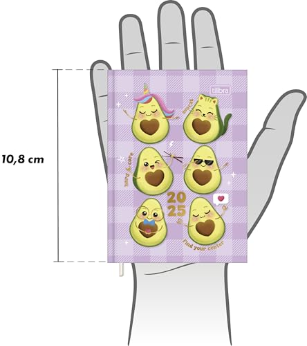 Tilibra - Agenda Costurada MIni 7,8 x 10,8 cm Abacute 2025 - Seis abacates fundo lilás