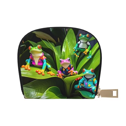 Funky Frogs Print Credit Card Holder, PU Leather Small Card Bag Wallets with Zipper for Women Men id Business Card