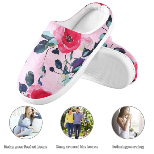 JUNZAN Cartoon Rose Hot Pink Womens House Cotton Slippers Breathable Memory Foam Hotel Slippers for Hotel Christmas Presents 6-73