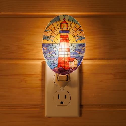Image of Lighthouse Stained Glass Styled Night Light Plug in - Made with Real Glass, Bulb Included, On /Off Switch - Nautical Beach Theme Bathroom, or Beach House Accent Light Dusk Orange