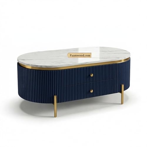 Image of Tesla Centre Table, 42x24x18 Inch, Nano Composite White Marble Top, Gold Accents, 2-Drawer Storage, Oval Design, Waterproof Plywood, PVD Legs, Modern Coffee Table for Living /Entryway