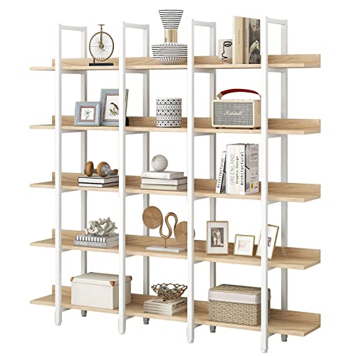 Gnixuu Triple Wide 5-Tier Bookshelf, Large Open Bookcase, Vintage Industrial Style Book Shelf Wood And Metal Etagere Bookshelves Display Shelves For Home Office Decor(Rustic White+Oak) #TOP6