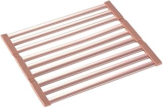 Foldable Drying Rack for Sink, Rolling Rack Over Sink Portable Dish Bottle Drainers Kitchen Accessories Rose Gold Aluminum Roll Up Mat (Rose gold-415 * 355mm)