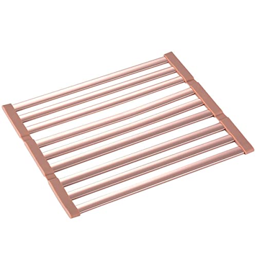Égouttoir à vaisselle pliable pour évier, support à rouler sur l'évier, égouttoir à bouteilles, accessoires de cuisine, couleur or rose, tapis enroulable en aluminium (or rose 515 x 355 mm) Cover