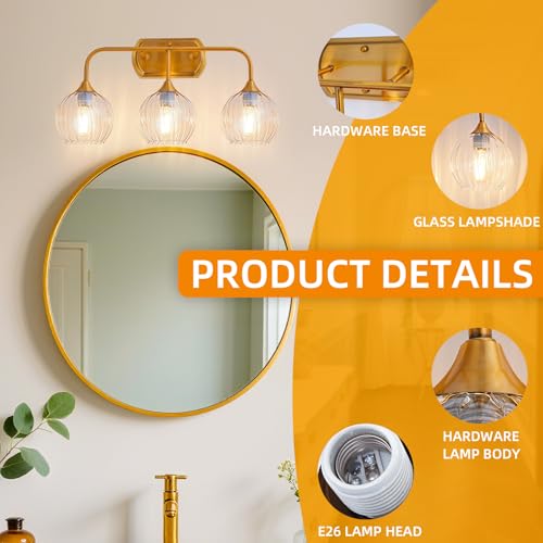 Image of MantoLite 3-Light Vintage Bathroom Vanity Light, Glass Shade Wall Lamp | Ribbed Clear Glass Bathroom Light Fixtures,Bathroom Wall Lamp for Mirror Kitchen Living Room Antique Bronze(Bulb excluded)