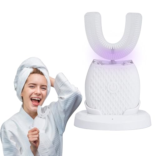 RNPKZ Elektrische Ultraschall Zahnbürste 360° Automatische, Ultraschall elektrische Zahnbürste, Elektrische Schallzahnbürste für Erwachsene mit 2 U-förmigen Silikonbürstenköpfen, 3 Modi, IPX7 (Weiß)