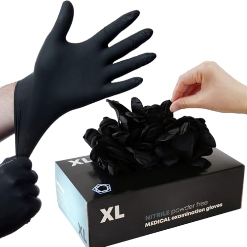 PROMART Black Disposable Nitrile Gloves, Multipurpose, Medical Exam Gloves, Chemical Resistant, Powder-Free, Latex-Free, Puncture-Resistant, Food Safe, Cleaning, Tattoo, Box of 100 Gloves (200, XL)