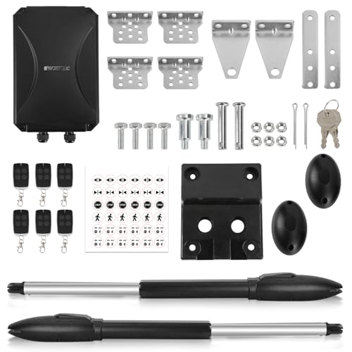 Eikuavons Flügeltorantrieb Automatischer 600kg Doppelflügeltorantrieb Toröffner Drehtorantrieb Drehtoröffner Set Max. 6,5 m oder 300kg pro Flügel mit 6 Fernbedienungen, Warnleuchte