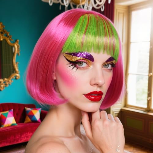Image of ANOGOL Hair Cap + (Sunglasses) Rainbow Wig Yellow Green Pink Bob Wig with Bangs Womens Party Wigs with Star-Shaped Glasses Short Neon Wig Daily Party Fun Wigs Women Halloween Costume Bachelorette Hair