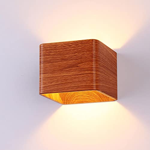 HT YUNJLI LED Wandleuchte Innen, Rustikale Holz Wandlampe, Eckige Innenleuchte Mit Verschiedenen Lichteffekten, Up & Down Leuchte, Für Wohnzimmer, Flur, Treppenhaus, Schlafzimmer, Warmweißes Licht Cover