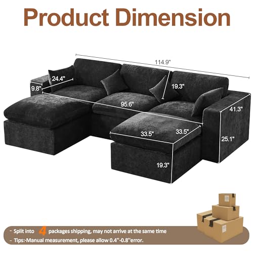 Image of 115'' Cloud Boneless Sectional Couch, Modular Sectional Sofa Deep Seat with 2 Ottomans, Oversized Upholstered Convertible Comfy 5 Seater Chenille Sofa U Shape Couches for Living Room, Dark