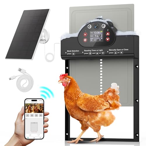 WiFi Solar Powered Chicken Door with 9000mAh Battery, 2K HD Camera Automatic Chicken Coop Door, Timer & Light Sensor, Anti-Pinch Function, Security Alarm, Chicken Coop Accessories