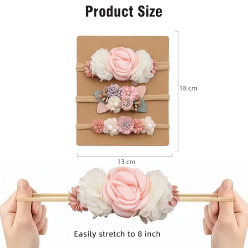 Image of SYGA 3 Pack Baby Girl Floral Headbands - Soft Stretchable Nylon Flower Comfortable Elastic Hairbands for Newborns, Infants & Toddlers 0-3 Years (Design-4)