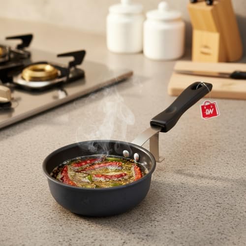 Image of Nonstick Tadka Pan, 11cm Diameter, Black, Durable, Easy-to-Clean, Perfect for Tempering, Cooking, and Sauteing