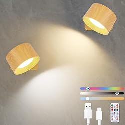 Lamparas De Pared Recargables Diealles Shine Aplique Pared Interior 2 Piezas, Lampara Pared USB-C Recargable, Apliques de Pared Regulables, 360° Giratoria, Control Táctil y Mando a Distancia, 19 RGB colores (Color Madera)