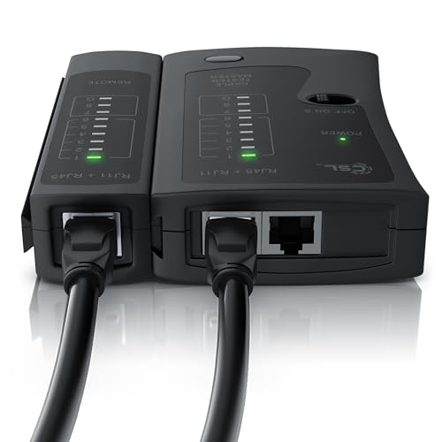 CSL - Netzwerktester - Netzwerk Kabeltester - für RJ45 und RJ11/12(25)/14 Kabel - Patchkabel Tester - LAN network cable tester - 2 Geschwindigkeiten - Prüf-LEDs zum präzisen Testen