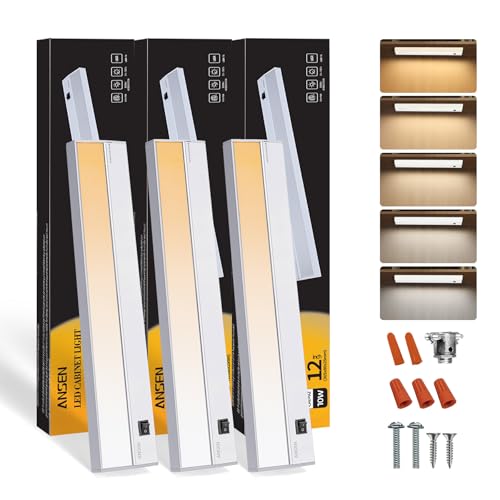 Ansen 3Packs of Under Cabinet Lights for Kitchen, 12in 10W 666LM, Dimmable Hardwire Led Light for Closet, CRI92, R990, 5 Color Temperature, 2700K-5000K(Warm White, Cool White, Daylight)