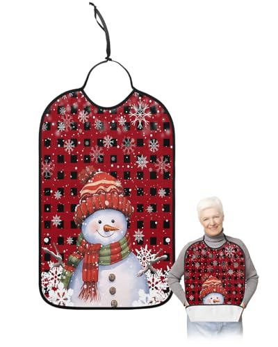 LEOKOTI Red Snowman Christmas Adult Bibs for Eating, Waterproof Bibs with Food Catcher & Snap Closure, Xmas Winter Snowflake Red Black Plaid Washable Clothing Protectors Adult Bibs for Elderly