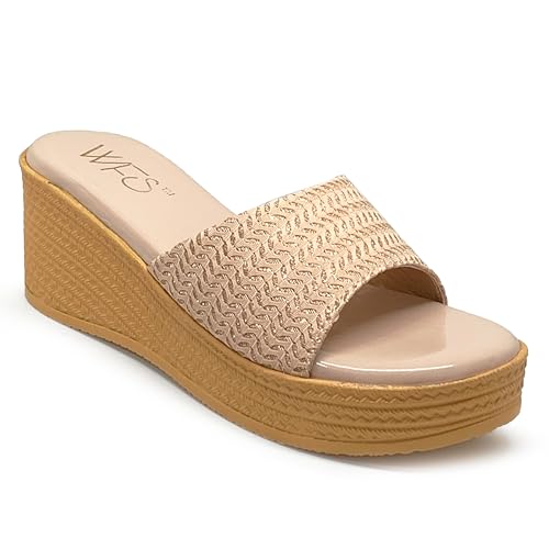 Image of WFS Women's Black 2.5 Inch Wedge Heel Slip-On Fashion Sandals - Shimmer Finish