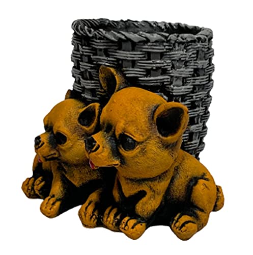 Image of AUGEN Pen Stand Decorative Hand Painted Two Puppy, Dog Design Stationery Holder | Gift Item | Table Top Decor (1051)