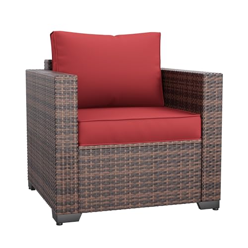 Image of Amopatio Wicker Outdoor Sofa & Patio Couch Set - High Back Waterproof Patio Furniture Single Armrest Chair with Non-Slip Cushions, Outdoor Furniture Cover,Burgundy