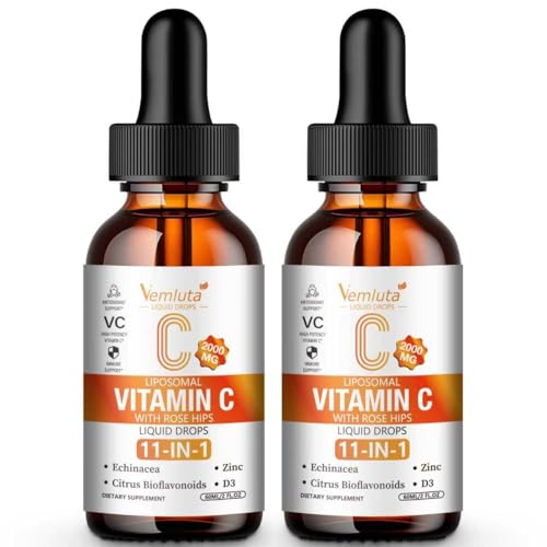 Vemluta 2 Packs Liposomal Vitamin C 2000mg Liquid Drop, High Absorption VC Complex Rose HIPS with Echinacea, Citrus Bioflavonoids, Zinc, Vitamin D3 for Immune System & Antioxidant,4 FL Oz